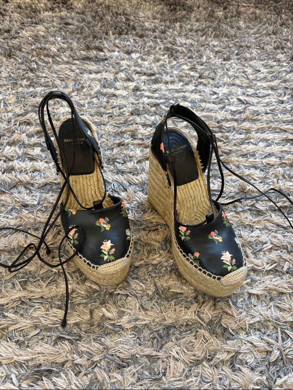 Saint Laurent Natural Raffia Wedges with Black Floral Ties 36 - Picture 2 of 13